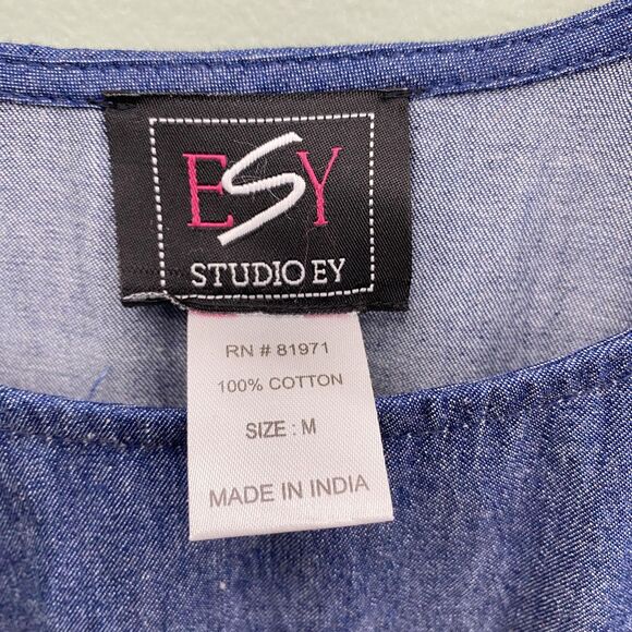 Studio EY Maxi Dress Womens Medium Blue Chambray Bell Sleeve Dashiki Print Boho - Picture 6 of 10